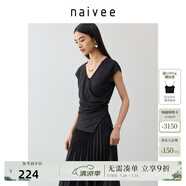 納薇（naivee）萊賽爾新中式V領(lǐng)提花T恤女兩片式交疊花鳥提花小衫收腰顯瘦 黑色 L