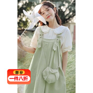 澄殼浩浩女童夏裝連衣裙奶系甜美學(xué)院風(fēng)背帶裙女學(xué)生寬松中長(cháng)款背心裙兩件 套裝 綠色裙+白色襯衫 170 M 建議體重95-109斤