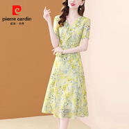 皮爾卡丹氣質(zhì)短袖印花雪紡連衣裙夏季修身新款荷葉邊遮肉顯瘦中長(cháng)款裙子女 黃色 2XL 【建議125-135斤】