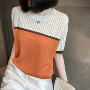 皮爾卡丹（pierre cardin）【專柜品質(zhì)】高級感鏤空緹花拼色短袖夏季減齡設(shè)計感圓領(lǐng)薄針織衫 桔色【匠心品質(zhì)】 M 105斤以內(nèi)