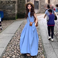 棉致法式藍色無(wú)袖背心連衣裙女夏季2025新款海邊高級感度假風(fēng)長(cháng)裙子 248藍色【高品質(zhì)33.5】 M 90-100斤