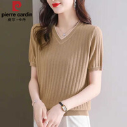 皮爾卡丹（pierre cardin）桑蠶絲短袖針織V領(lǐng)少婦t恤女夏季薄款百搭上衣洋氣減齡雞心領(lǐng)小衫 淺駝 XL (建議120-130斤)