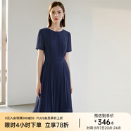 顏域（YANYEE）短袖百褶連衣裙2024夏天新款女裝氣質(zhì)女神范收腰顯瘦氣質(zhì)a字裙 深藍 S/36