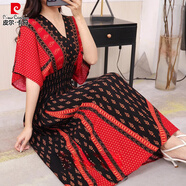 皮爾卡丹2025夏季民族風(fēng)棉綢連衣裙蝙蝠袖碎花V領(lǐng)a字顯瘦高腰仙女沙灘長(cháng)裙 N異國風(fēng)情 XL