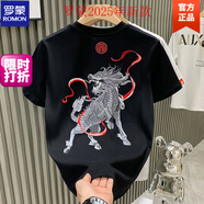 羅蒙（ROMON）國潮麒麟刺繡短袖t恤男夏季復古潮流五分袖衣服寬松高街男生體恤 黑色 L 100-120斤