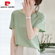 皮爾卡丹（pierre cardin）桑蠶絲t恤女夏季圓領百搭時髦顯瘦短袖女涼感體恤感基礎t女潮針織 青檸綠(圓領) S