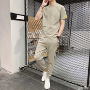 花花公子短袖t恤男套裝夏季冰絲上衣褲子兩件套休閑男裝仿棉麻潮流半袖帥 MK2855卡其（搭配長(zhǎng)褲） XL （125-140斤）