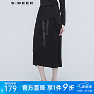 sdeer圣迪奧秋季女裝休閑時(shí)尚花苞裙自然腰通勤微彈松緊系帶字母印膠長(zhǎng)裙女S20381111 黑色/91 S 160