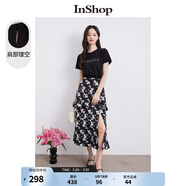 InShop【商場(chǎng)同款】新款鏤空開(kāi)叉氣質(zhì)連衣裙女浪漫蝴蝶印花t恤裙 黑花 S