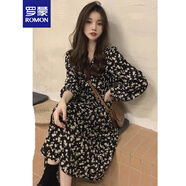 羅蒙（ROMON）法式赫本風高級感碎花連衣裙女2025年春季新款黑色內搭打底長裙子 圖色 均碼 -85-135斤