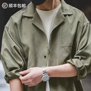 馬登工裝法式復(fù)古長袖古巴領(lǐng)襯衫那不勒斯美式桃皮絨薄襯衣男春外套 淺綠色 XL -[版型寬松]