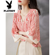 花花公子（PLAYBOY）2025夏新款V領(lǐng)七分袖高級感時尚氣質(zhì)印花襯衣女裝上衣百搭襯衫女 紅色 S