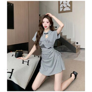 LMVXRM新中式盤(pán)扣旗袍裙女夏季印花短袖連衣裙抽繩收腰包臀短裙 灰色 S