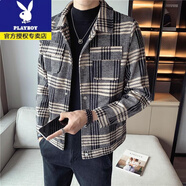 花花公子（PLAYBOY）格子夾克男秋冬季新款韓版潮流修身加厚保暖男裝百搭休閑開(kāi)衫外套 T41毛呢咖啡色格子外套收藏加購(gòu) XL 適合125-140斤左右