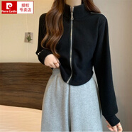 皮爾卡丹（pierre cardin）白色立領(lǐng)拉鏈針織開衫女秋季短款加厚毛衣外套小個子修身內(nèi)搭上衣 黑色【多巴胺穿搭/機能風(fēng)辣妹/甜 S