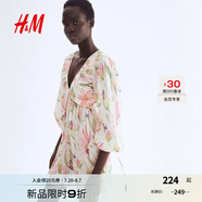 H&M女裝花卉連衣裙2025夏季新款度假風(fēng)喇叭袖褶紋連身裙1295133 奶油色/花卉 S 160/88