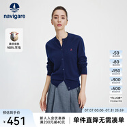Navigare意大利小帆船毛衣外套女士秋冬款純羊毛圓領(lǐng)羊毛衫氣質(zhì)針織開衫 藏青 XL