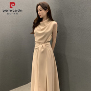 皮爾卡丹（PIERRE CARDIN）韓系chic夏季法式優(yōu)雅堆堆領(lǐng)綁帶收腰顯瘦無袖背心連衣裙中長裙女 杏色 M 建議100-110斤