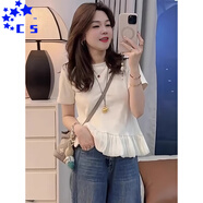 CS.LION不規則蕾絲時(shí)尚假兩件百搭T恤女2025夏新款減齡純色百褶短袖上衣 杏色 L 建議105-115斤