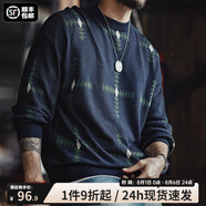 馬登工裝 復古幾何格紋針織套頭毛衣男春季圓領(lǐng)寬松學(xué)院風(fēng)百搭上衣 藏青色 （寬松偏大） 2XL
