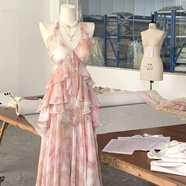 奮斗服飾（FEN DOU FU SHI）無標優(yōu)品吊帶裙顯瘦遮肚子小個子油畫仙子 浪漫度假收腰連衣裙法 連衣裙【早春連衣裙/連身裙/復1 S