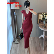 蔻伊婭（Kouyiya）品牌女裝新品純色V領(lǐng)短袖連衣裙女裝2025新款收腰顯瘦針織包臀裙 酒紅色 M