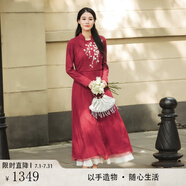 生活在左秋冬新款100%桑蠶絲繡花國(guó)風(fēng)連衣裙女 酒紅色 M