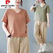 皮爾卡丹（pierre cardin）棉麻套裝女2025夏季新款寬松大碼純色短袖上衣顯瘦哈倫褲兩件套潮 桔紅色上衣 M 【建議95-110斤】