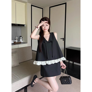 小個(gè)子氣質(zhì)套裝無(wú)袖寬松蝴蝶結背心女裝夏季高腰包臀半身裙兩件套 黑色套裝 XL
