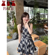 萬欣兒小眾辣妹黑白格子吊帶背心裙夏季新款收腰連衣裙女夏顯瘦裙子短裙 格子連衣裙 L 110-120斤