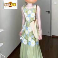初徑法式立體鏤空刺繡花朵假兩件連衣裙子女夏季獨特漂亮絕美背心長(cháng)裙 花色 L