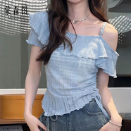 蒙森圖法式純欲風露肩斜肩t恤女短袖大碼胖mm氣質(zhì)甜美風荷葉邊吊帶T恤設 藍色 L 建議100-120斤