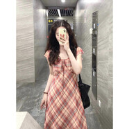 棉致法式巨好看連衣裙女夏季2025新款小個(gè)子漂亮絕美收腰顯瘦長(zhǎng)裙子 紅格紋連衣裙 L 建議110-120斤