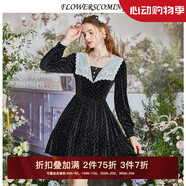 flowerscoming花兒開(kāi)了2024春季新款復古絲絨連衣裙長(cháng)袖修身高腰顯瘦氣質(zhì)公主裙 暮色黑 M