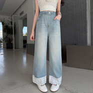 濮水方方女童夏季蕾絲拼接闊腿牛仔長(cháng)褲韓版垂感 藍色 M 140c