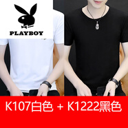 花花公子（PLAYBOY）夏季短袖T恤男女同款圓領(lǐng)白色ins潮牌2025女裝上衣服純棉潮流半袖 2024TM-K107白色+K1222黑色2025 M 【建議90-100斤】