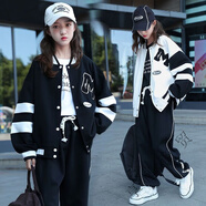 霖貝熊女孩子衣服9-12歲秋裝套裝13到15歲青少年女孩裝初高中女生棒球服 黑色M 外套+褲子 150 建議65-80斤