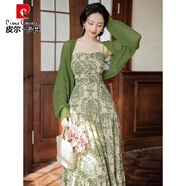皮爾卡丹（pierre cardin）2025早秋波西米亞印花海邊度假長(cháng)裙雪紡吊帶連衣裙針織開(kāi)衫兩件套 綠色(開(kāi)衫+吊帶裙) L