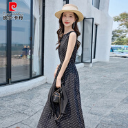 皮爾卡丹（pierre cardin）法式復古小波點(diǎn)裙子高端定制2025夏季顯瘦拼接蕾絲V領(lǐng)收腰連衣裙 單經(jīng)典圓點(diǎn)連衣裙 2XL