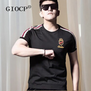 GIOCP香港潮牌絲光棉半袖潮流短袖男士夏季修身新款小蜜蜂皇冠刺繡上衣 黑色 XL
