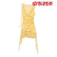 貝仙祺2025夏季新款飄逸甜美褶皺修身包臀印花絹網(wǎng)短連衣裙 圖片顏色 L 105-115斤