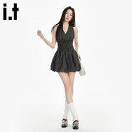 :CHOCOOLATE it法式露背花苞掛脖連衣裙女夏新款性感甜辣收腰短裙 黑色 S