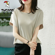 啄木鳥(niǎo)冰絲短袖T恤女2026新款夏裝薄款針織衫寬松蝙蝠袖洋氣一字領(lǐng)上衣 DX544#米杏色. XL 建議135-150斤