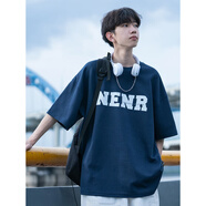 南極人（Nanjiren）短袖t恤男夏季新款印花五分袖休閑寬松潮流圓領(lǐng)T恤上衣半袖打底衫 KPWP-T417藏藍 L (尺碼小建議大一碼)