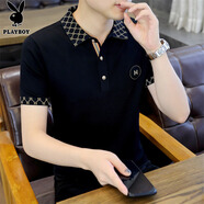 花花公子短袖t恤男夏季2025新款男士涼感Polo領(lǐng)男上衣百搭打底衫短袖男裝 黑色 XL 175