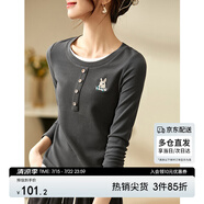 尚都比拉兔子刺繡假兩件圓領(lǐng)長(zhǎng)袖t恤女春秋外穿顯瘦女裝上衣 深灰色 S 
