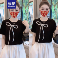 羅蒙（ROMON）時(shí)尚重工蝴蝶結(jié)亮片短袖T恤女2025夏季百搭洋氣減齡半袖上衣T恤 黑色 L 112-125