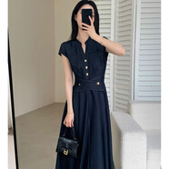 皮爾卡丹（pierrecardin）純色修身顯瘦連衣裙女2025夏新款收腰氣質(zhì)通勤長(zhǎng)裙子D1833 深藍(lán) M 100-110斤