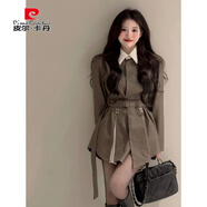 皮爾卡丹法式假兩件格子西裝連衣裙秋冬季韓劇女主感收腰別致絕美裙子 棕色富家千金感穿搭/西裝連身裙/ S