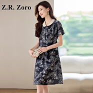 Z.R.Zoro奢侈品連衣裙女2025夏季新款時尚翻領印花裙寬松休閑時尚減齡裙子 黑花 M